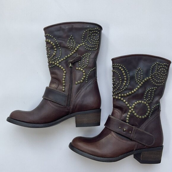 Guess Women’s Esperanza Western Studded Leather Boots In Brown Size 5.5 - Picture 1 of 16